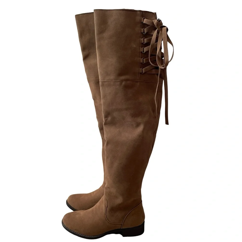 Shoedazzle Malya Taupe Tan Corset Lace Up Thigh High Boots Size 6.5